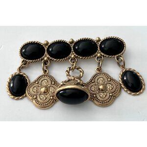 Vintage Victorian Mourning Gold-Toned Bar Brooch Black Cabochons Dangling Charms